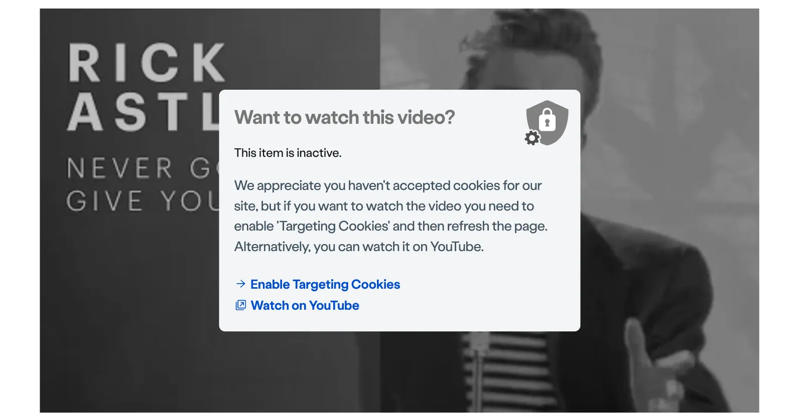 Example of the cookie consent message displayed to users, with the inactive ns-video state in the background. The message includes links to either enable targeting cookies or watch the video on YouTube.